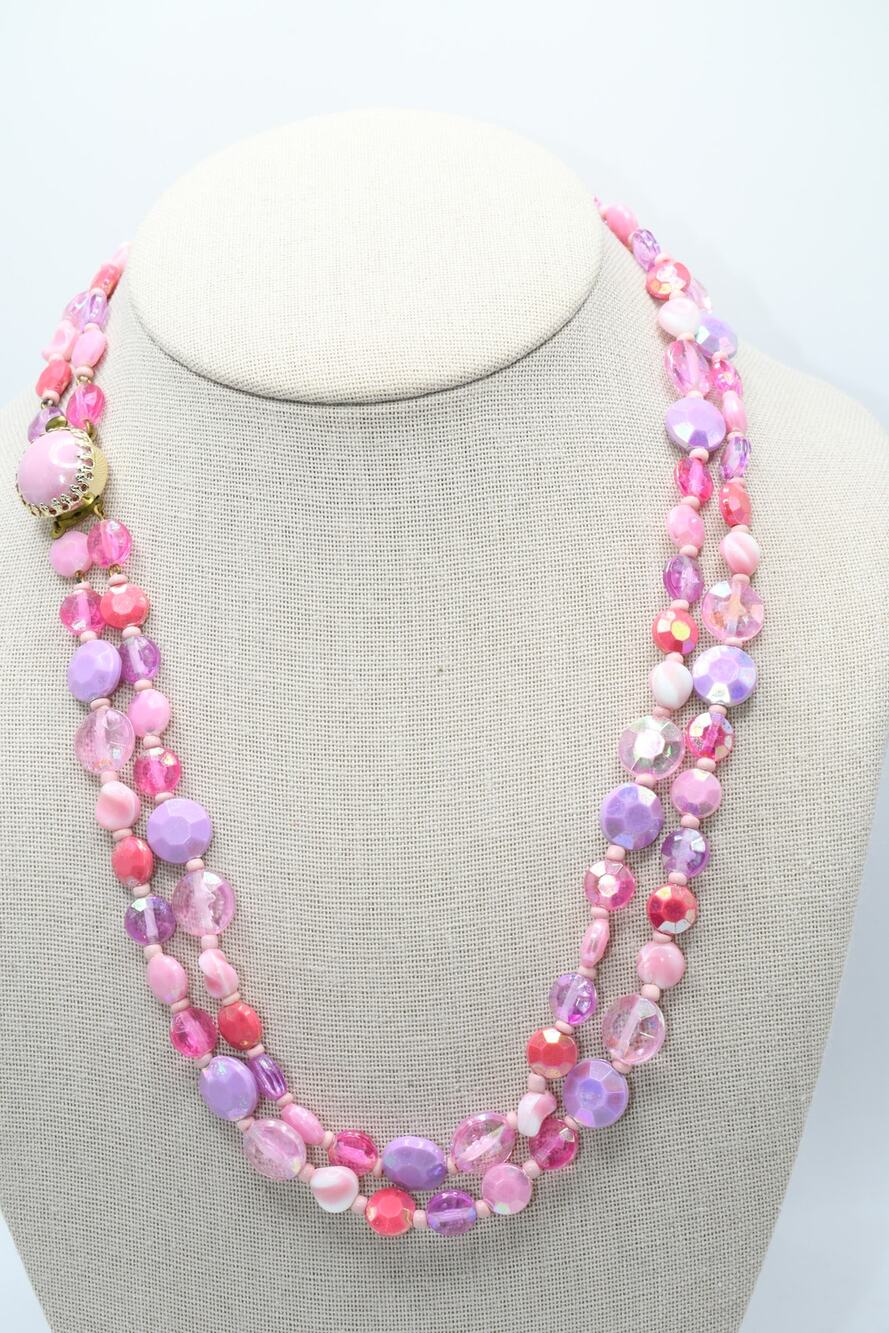 Vintage West Germany Pink Lucite Necklace Double Strand Faceted 20”
